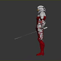 3D Character In Red White Suit With Silver Helmet And Long Sword On Gray Floor
