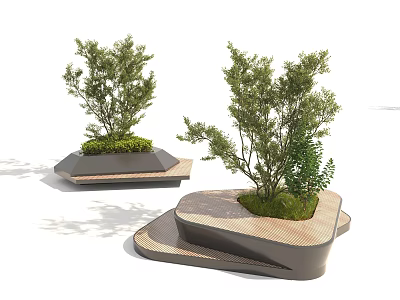 Modern Tree Planter Design With Unique Shape Wooden Metal Base And Green Plants 3d model