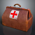 Brown Leather Medical First Aid Kit With Red Cross Symbol Handle And Metal Clasps