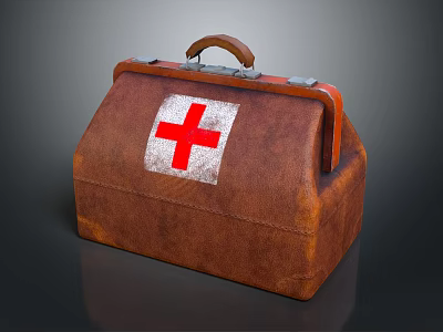 Brown Leather Medical First Aid Kit With Red Cross Symbol Handle And Metal Clasps 3d model