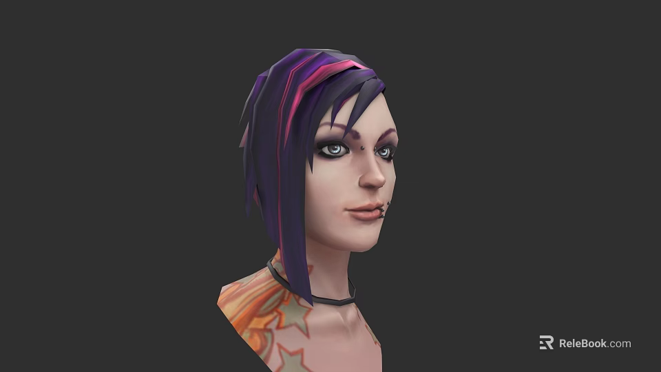Woman With Purple And Black Hair Blue Eyes Star Tattoos And Choker Necklace 3d model 