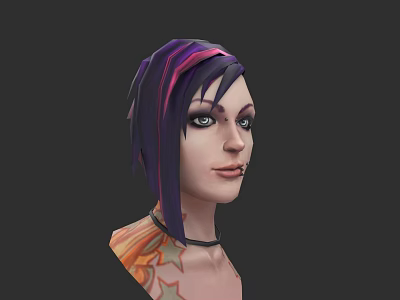 Woman With Purple And Black Hair Blue Eyes Star Tattoos And Choker Necklace 3d model