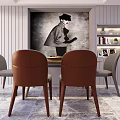 Modern Dining Table Set with Brown and Gray Chairs Decorative Painting and Bookshelf
