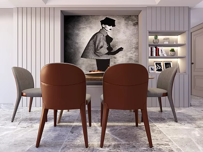 Modern Dining Table Set with Brown and Gray Chairs Decorative Painting and Bookshelf 3d model