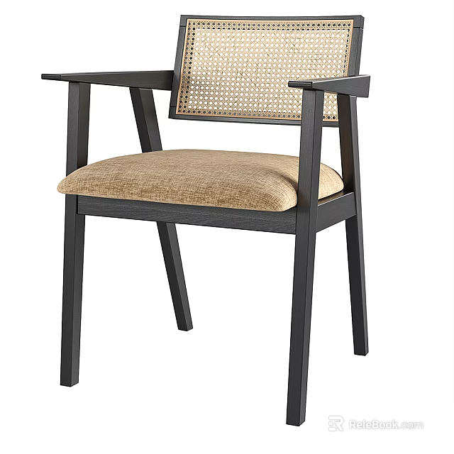 Stylish Modern Accent Chair With Dark Wooden Frame Rattan Backrest And Beige Fabric Seat 3d model 