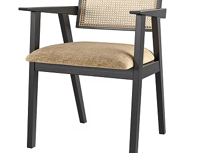 Stylish Modern Accent Chair With Dark Wooden Frame Rattan Backrest And Beige Fabric Seat 3d model