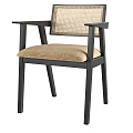 Stylish Modern Accent Chair With Dark Wooden Frame Rattan Backrest And Beige Fabric Seat