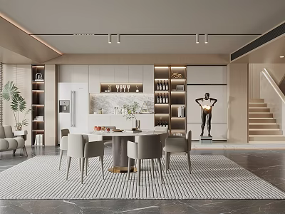 Modern Restaurant Interior With Open Kitchen Dining Table Chairs Wine Rack And Green Plants 3d model