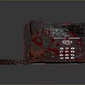 Red Electronic Telephone With Blood Stains Screen Showing CALL 911 Numeric Keypad And Coiled Cord
