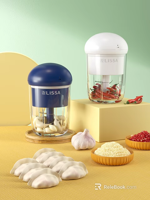 Cutlery Set With Blue And White LISSA Food Processors And Ingredients 3d model 