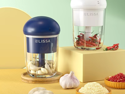 Cutlery Set With Blue And White LISSA Food Processors And Ingredients 3d model