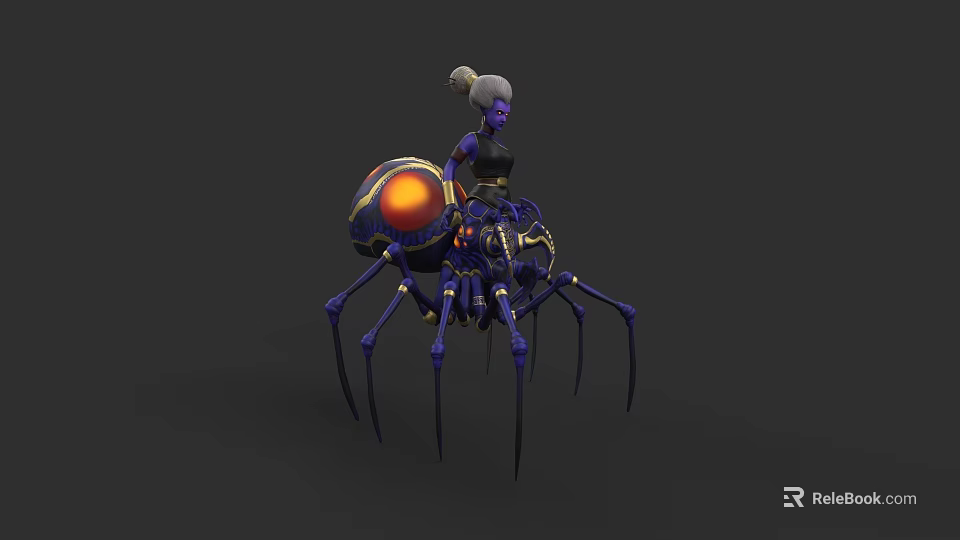 Purple Skinned Female Character Riding On Mechanical Spider With Glowing Red Eyes And Metallic Structure 3d model 
