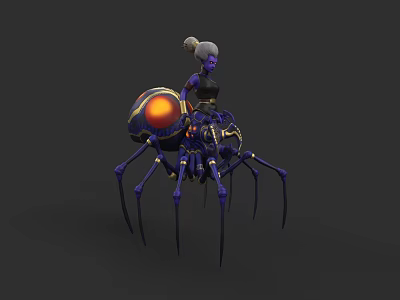 Purple Skinned Female Character Riding On Mechanical Spider With Glowing Red Eyes And Metallic Structure 3d model