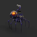 Purple Skinned Female Character Riding On Mechanical Spider With Glowing Red Eyes And Metallic Structure