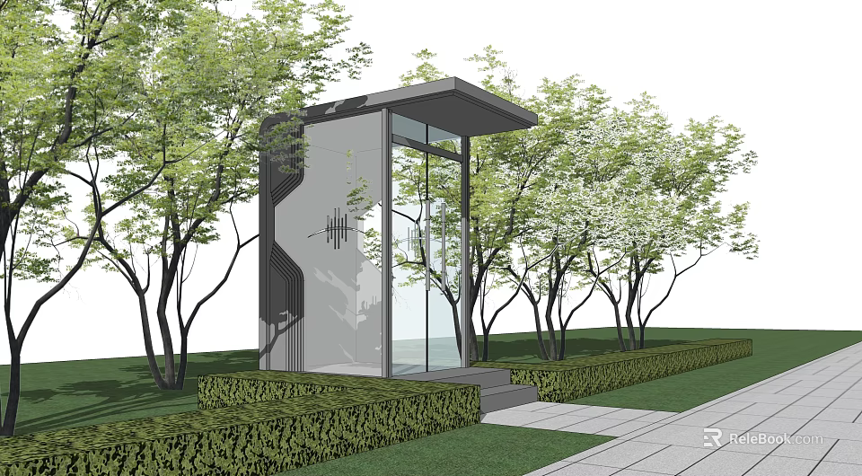 Modern Outdoor Pavilion With Glass Walls Metal Roof Steps And Green Trees 3d model 