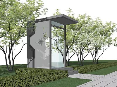 Modern Outdoor Pavilion With Glass Walls Metal Roof Steps And Green Trees 3d model