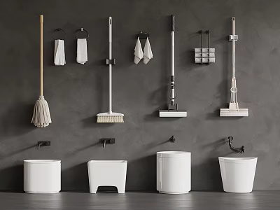 Modern Bathroom Wall Mounted Cleaning Tools And White Ceramic Sanitary Fixtures 3d model