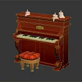 Red Upright Piano With Stool And Candle Decorations On Top
