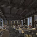 Cozy Restaurant Interior With Wooden Ceiling Beams Tables Chairs Windows And Decorative Flowers