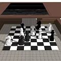 Wooden Outdoor Pergola with Checkerboard Floor and Chess Pieces Setup