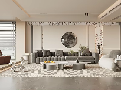 Modern Living Room Interior With Gray Sofa Round Coffee Table Marble Wall And Circular Mirror 3d model