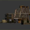 Rustic Garden Decorative Pieces with Clay Pots Pipes Wooden Bench Wheelbarrow and Baskets