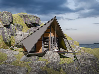 Modern Wooden Cabin On Rocky Hillside With Gabled Roof And Sea View 3d model