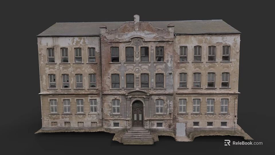 Historic School Building With Aged Exterior Numerous Windows And Stone Steps 3d model 