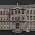 Historic School Building With Aged Exterior Numerous Windows And Stone Steps