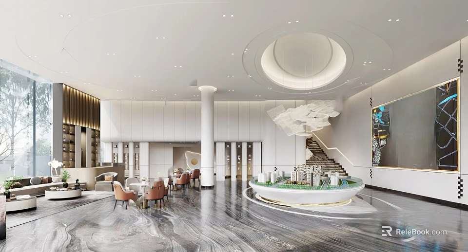 Luxury Property Sales Office Interior With Circular Chandelier Marble Floor And Model 3d model 