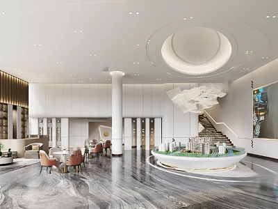 Luxury Property Sales Office Interior With Circular Chandelier Marble Floor And Model 3d model