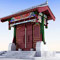 Traditional Chinese Red Gate With Green Pillars Decorated Roof And Stone Steps