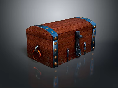 Vintage Wooden Chest With Blue Metal Straps Brass Rivets And Rustic Brown Finish 3d model