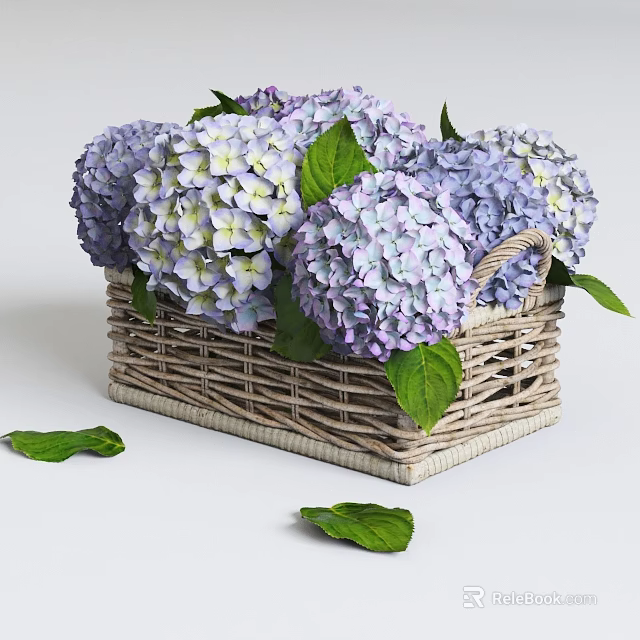 Elegant Purple Hydrangeas Displayed In Handwoven Wicker Basket With Green Leaves Scattered Around 3d model 
