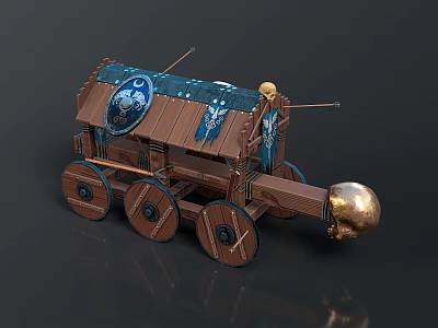 Ancient Wooden Siege Weapon With Blue Canopy Moon Star Patterns Wooden Wheels And Golden Ram 3d model