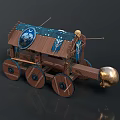 Ancient Wooden Siege Weapon With Blue Canopy Moon Star Patterns Wooden Wheels And Golden Ram