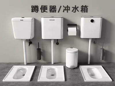 Modern Squat Toilets With Wall Mounted Cisterns And Bathroom Accessories 3d model