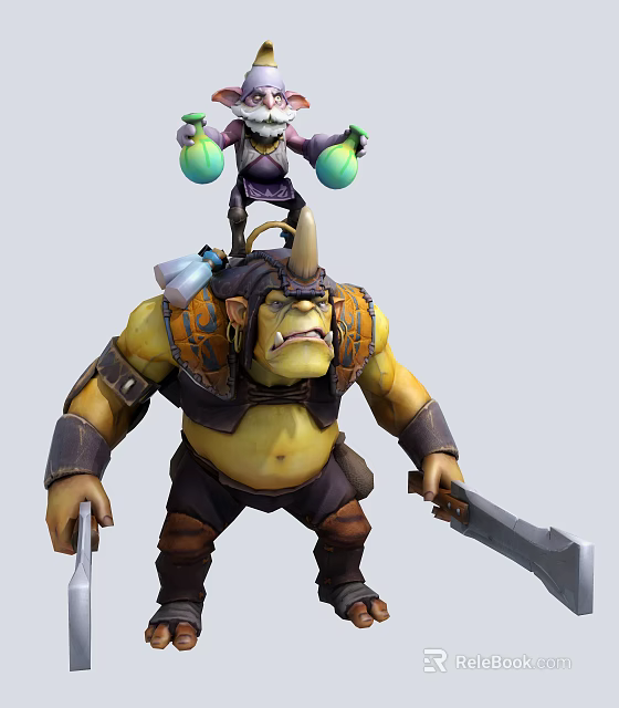Muscular Warrior With Small Wizard On Shoulders Holding Green Orbs And Axes 3d model 