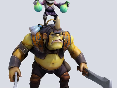 Muscular Warrior With Small Wizard On Shoulders Holding Green Orbs And Axes 3d model