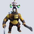 Muscular Warrior With Small Wizard On Shoulders Holding Green Orbs And Axes