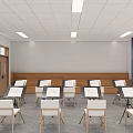 Modern Music Classroom Interior With Music Stands Chairs Large Screen Speakers Windows And Blue Curtains