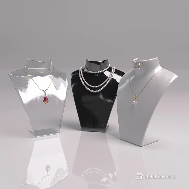 Elegant Jewelry Display With Transparent Black Silver Mannequins Featuring Pearl Gemstone Necklaces And Earrings 3d model 
