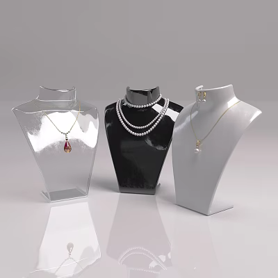 Elegant Jewelry Display With Transparent Black Silver Mannequins Featuring Pearl Gemstone Necklaces And Earrings 3d model