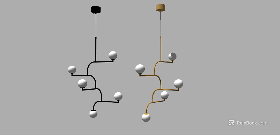 Modern Black and Gold Chandeliers with Curved Arms and White Spherical Lights 3d model 