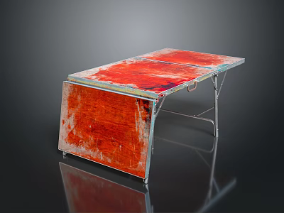 Vintage Folding Table With Red And Orange Painted Worn Tabletop And Metal Legs 3d model
