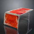 Vintage Folding Table With Red And Orange Painted Worn Tabletop And Metal Legs