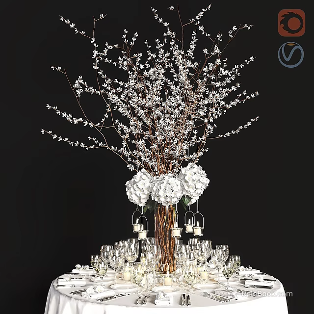 Dining Table Decorated With White Flowering Branches Large White Flowers Hanging Lanterns And Glassware 3d model 