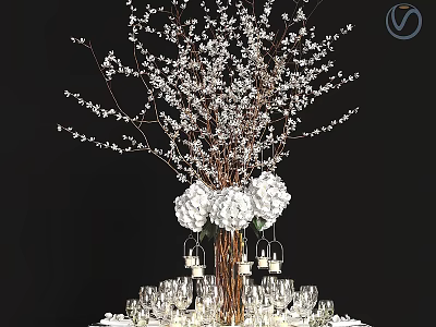 Dining Table Decorated With White Flowering Branches Large White Flowers Hanging Lanterns And Glassware 3d model
