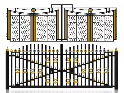 Entrance Gate With Double Door Design Golden Wavy Patterns Black Iron Spiked Top And Decorations 3d model