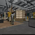 Modern Clothing Store Interior Featuring Displayed T-shirts Colorful Apparel Comfortable Chairs And Table